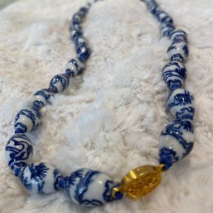 Chinese Blue Porcelain Bead Necklace